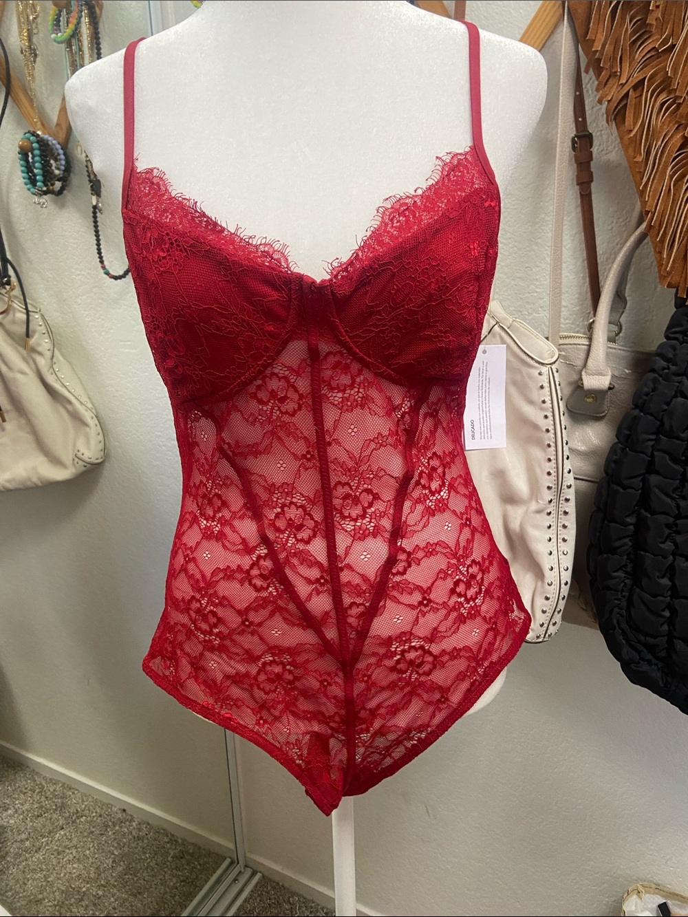 Guess, Red Lace Bodysuit Chemise Sz Large